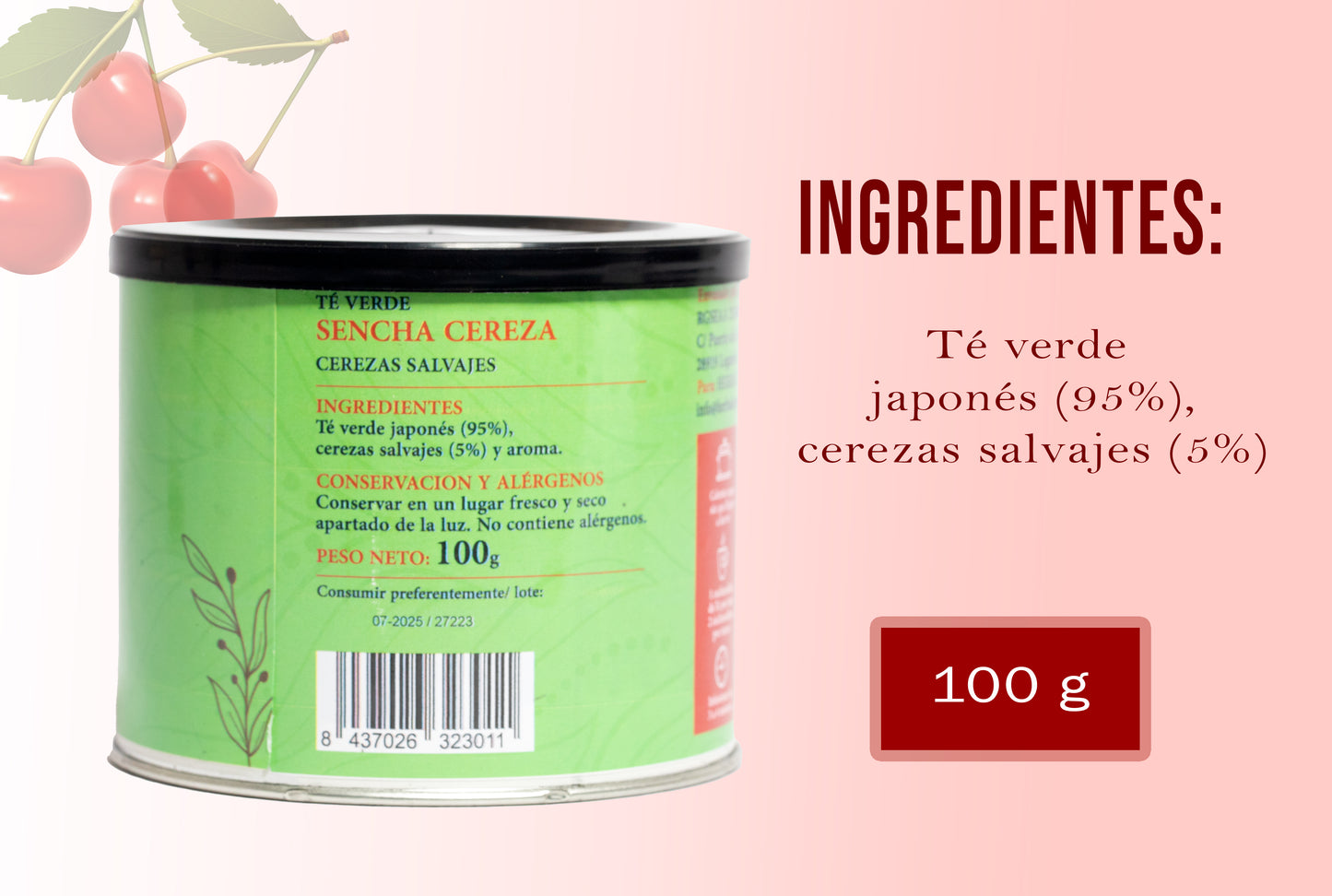 Té verde sencha con cerezas salvajes - Infusión antioxidante - Lata 100 g.