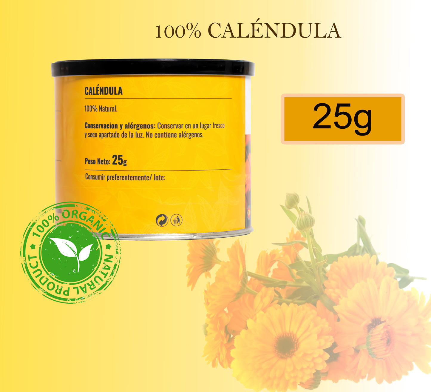 Caléndula (Lata 25g) - Flores de caléndula secas 100% pura y natural - Infusión antiinflamatoria.