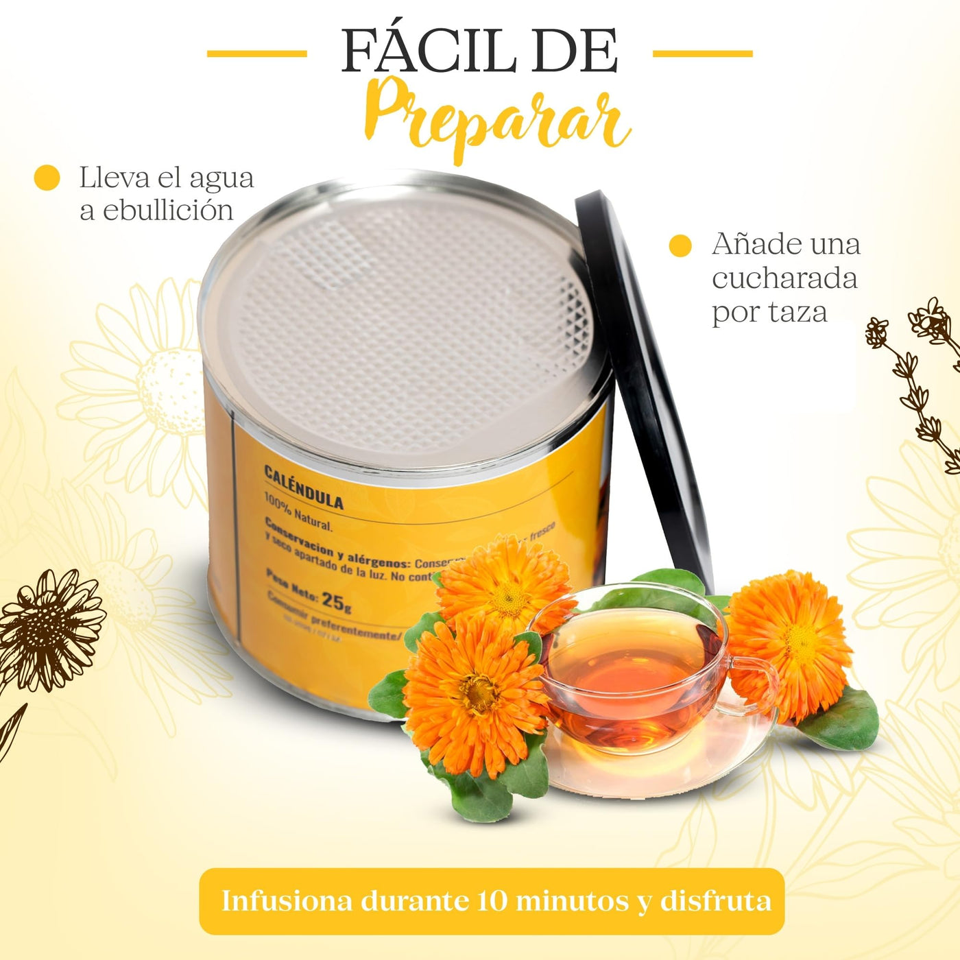 Caléndula (Lata 25g) - Flores de caléndula secas 100% pura y natural - Infusión antiinflamatoria.