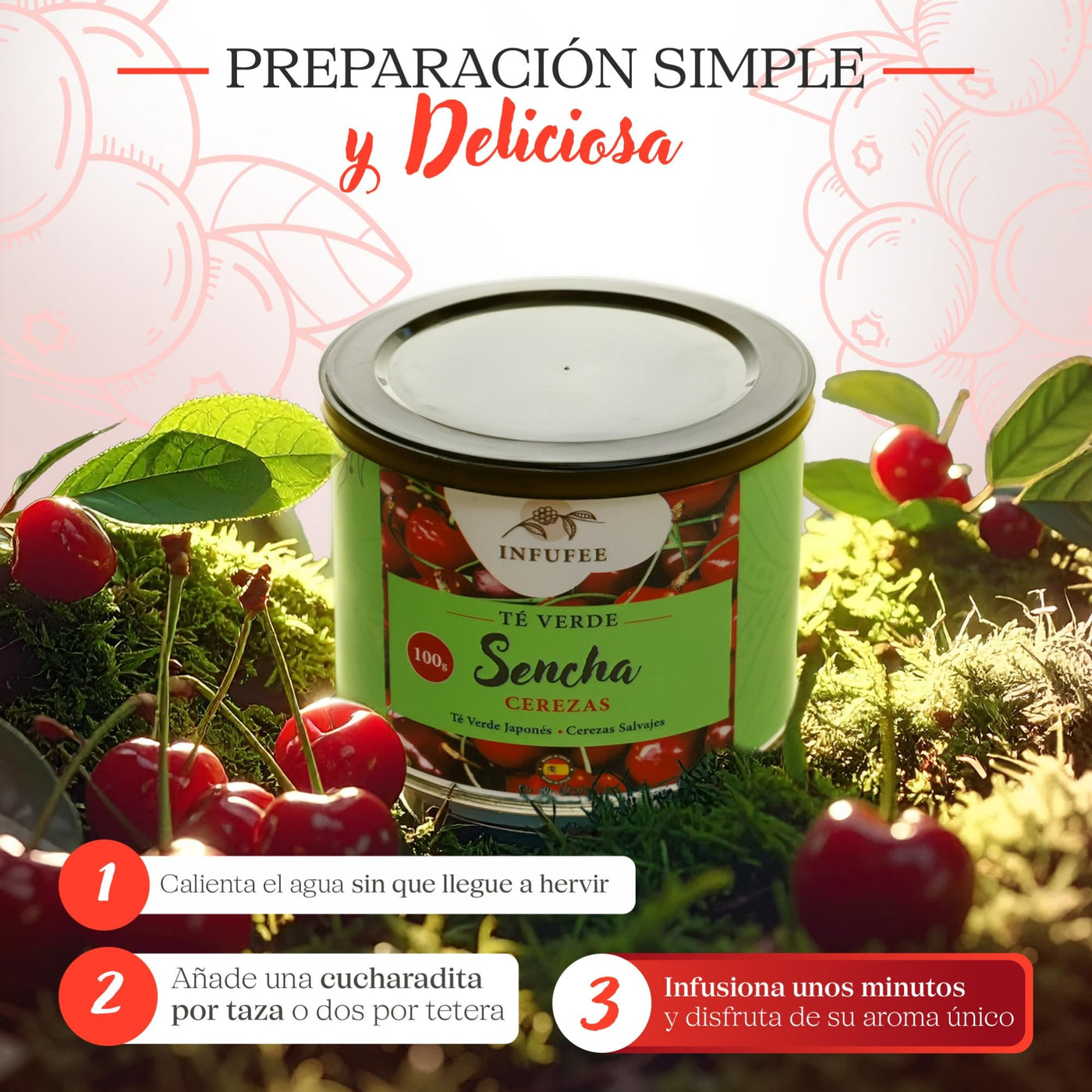 Té verde sencha con cerezas salvajes -  Infusión antioxidante - Lata 100 g.
