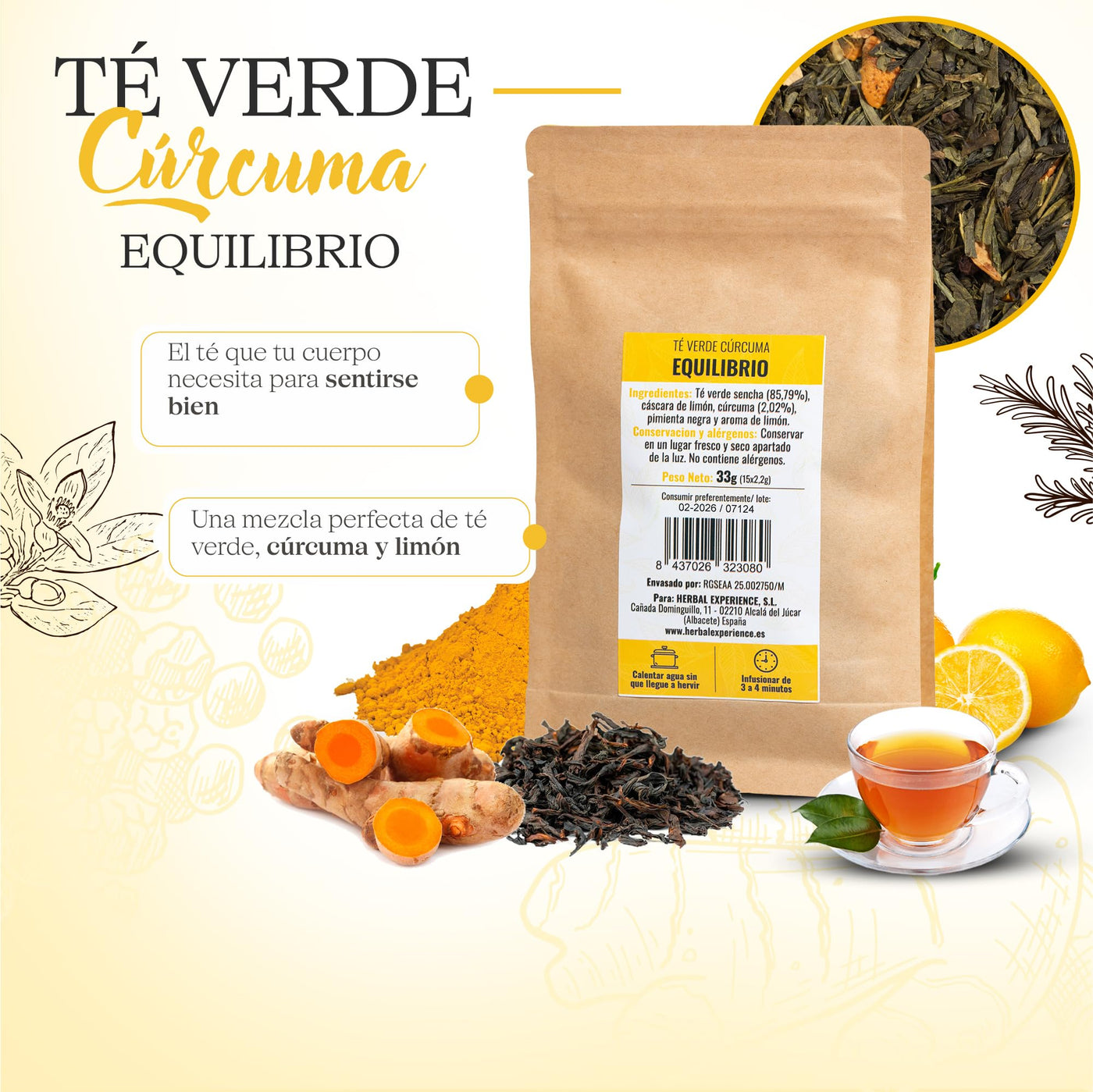 Té verde cúrcuma Equilibrio - Infusión revitalizante y antiinflamatoria - 15 pirámides