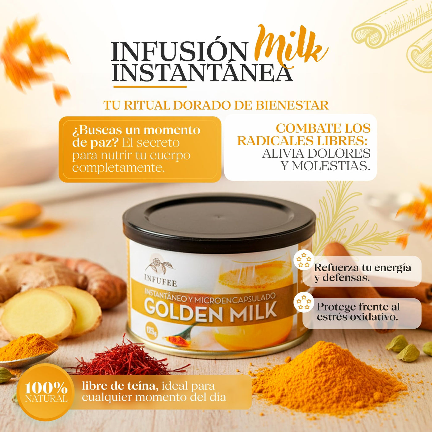 Golden Milk en Polvo Microencapsulado - Fortalece tu sistema inmunológico - Infusión Natural - Sin teína