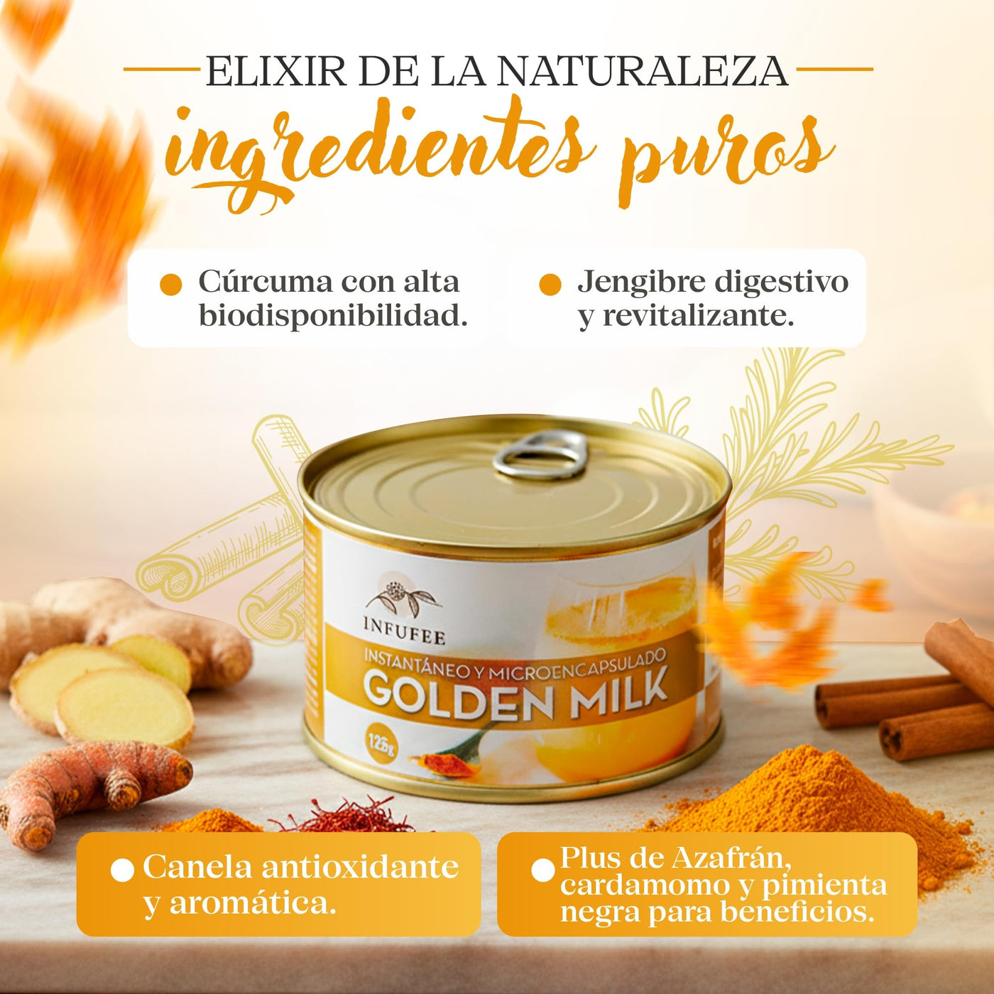 Golden Milk en Polvo Microencapsulado - Fortalece tu sistema inmunológico - Infusión Natural - Sin teína