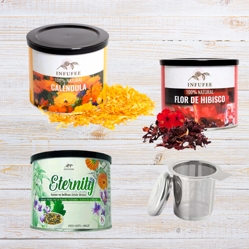 Pack Ritual Piel radiante: Contiene Flor de Hibisco, Caléndula, Eternity y filtro para té.
